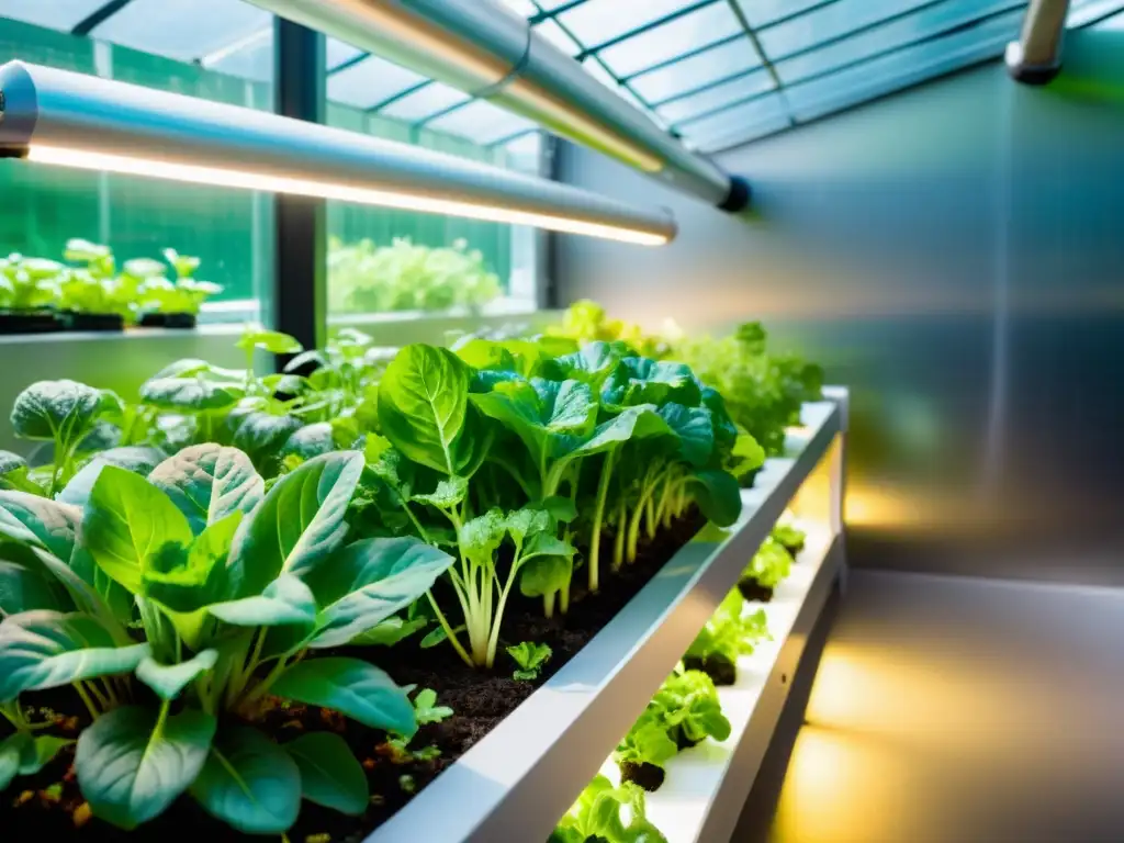 Un jardín acuapónico urbano exuberante con verduras de hojas verdes vibrantes en filas ordenadas, rodeado por una estructura de vidrio moderna