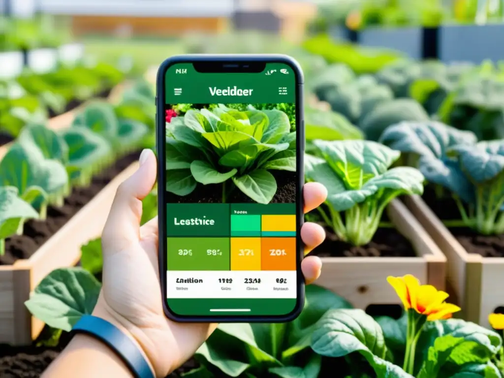 Un jardín urbano exuberante con verduras verdes vibrantes y flores coloridas, bañado por la luz del sol