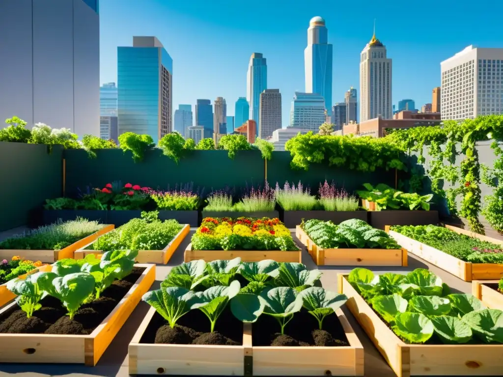 Un jardín urbano exuberante con verduras vibrantes y flores coloridas, cuidado por agricultores urbanos