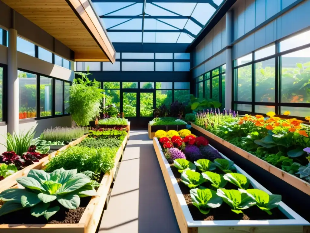 Un jardín urbano exuberante y vibrante con acuaponía y compostaje en agricultura urbana, rodeado de arquitectura moderna y sostenible