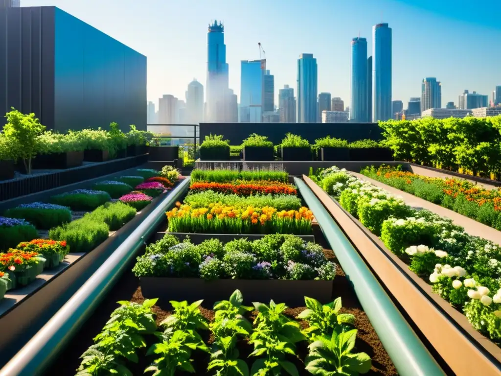 Un jardín urbano exuberante con vegetación vibrante y flores coloridas, regado por un sistema de riego automatizado