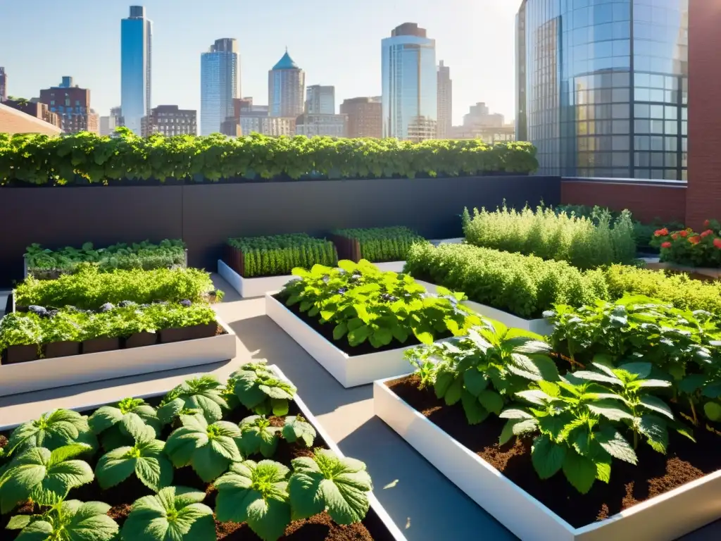 Un jardín urbano exuberante y vibrante con fresas, arándanos y frambuesas en camas elevadas y macetas verticales