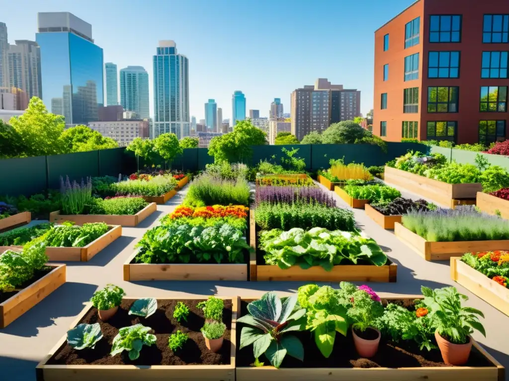 Un jardín urbano exuberante y vibrante con huertos elevados llenos de vegetales y flores coloridas, rodeado de modernos rascacielos