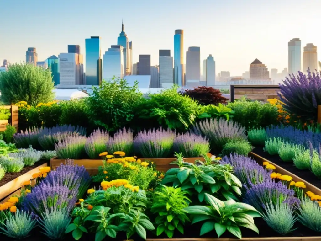 Un jardín urbano exuberante y vibrante con plantas repelentes de plagas, rodeado de tierra fértil y bañado por el cálido sol de la ciudad