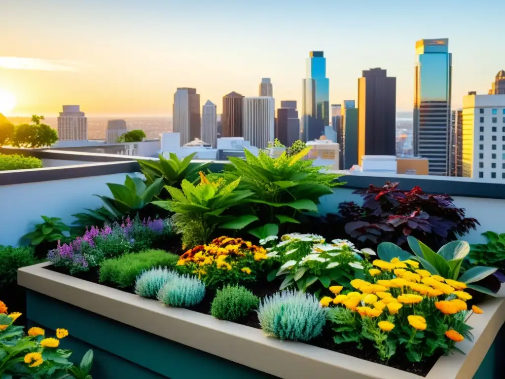 Un jardín urbano exuberante y vibrante, con plantas verdes y flores coloridas