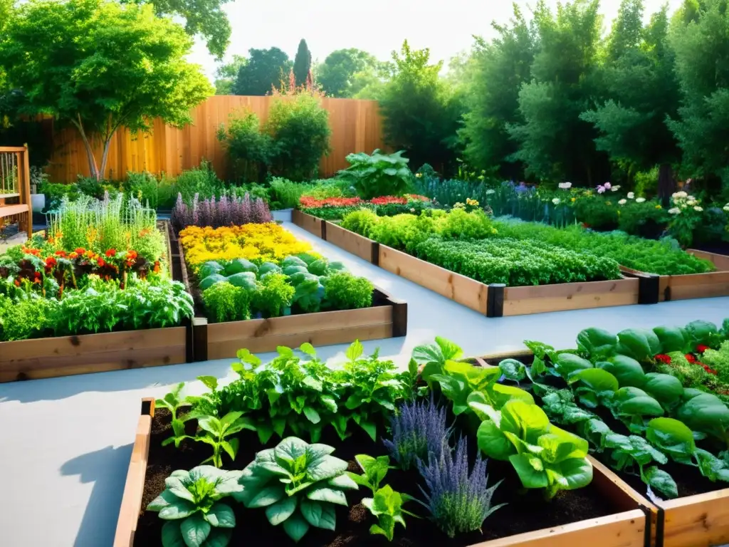 Un jardín urbano exuberante y vibrante con sistemas integrados para agricultura urbana, lleno de vegetales, flores y un sofisticado sistema de riego