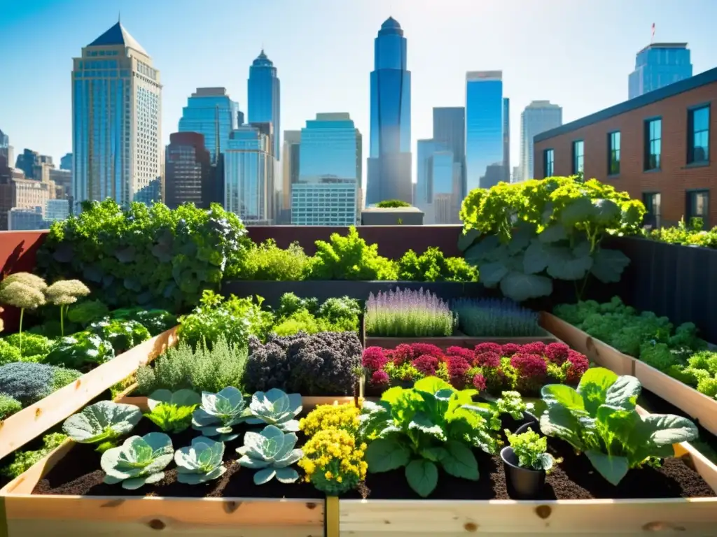 Un jardín urbano exuberante y vibrante, cultivando superalimentos en huertos elevados y macetas verticales