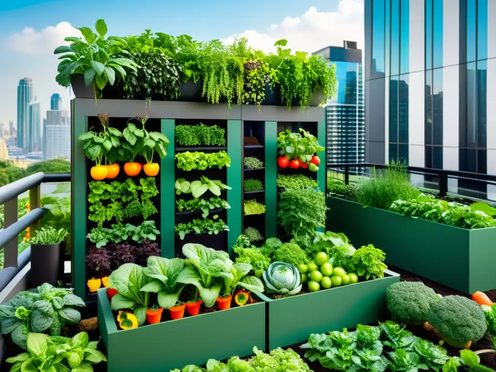 Un jardín urbano exuberante y vibrante con variedad de vegetales y frutas en huertos verticales, en armonía con la ciudad moderna