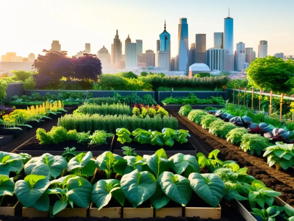 Jardín urbano próspero: frutas y hortalizas en compost enriquecido 'Un jardín urbano exuberante y vibrante, con vegetales y frutas enriquecidos por el compost, contrastando con el entorno urbano