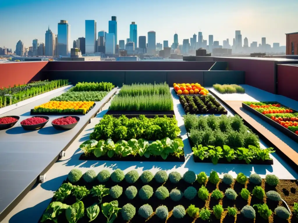 Jardín urbano con frutas y verduras deshidratándose al sol en contraste con el horizonte de la ciudad