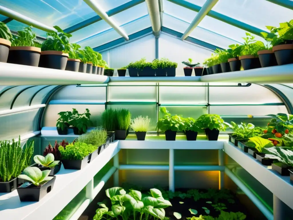 Un jardín urbano futurista exuberante con maridajes de ingredientes, y un sistema de aquaponía innovador