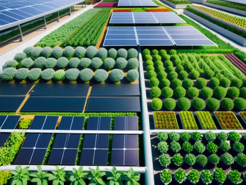 Jardín urbano futurista con integración de paneles solares en agricultura urbana, cultivos vibrantes y tecnología automatizada