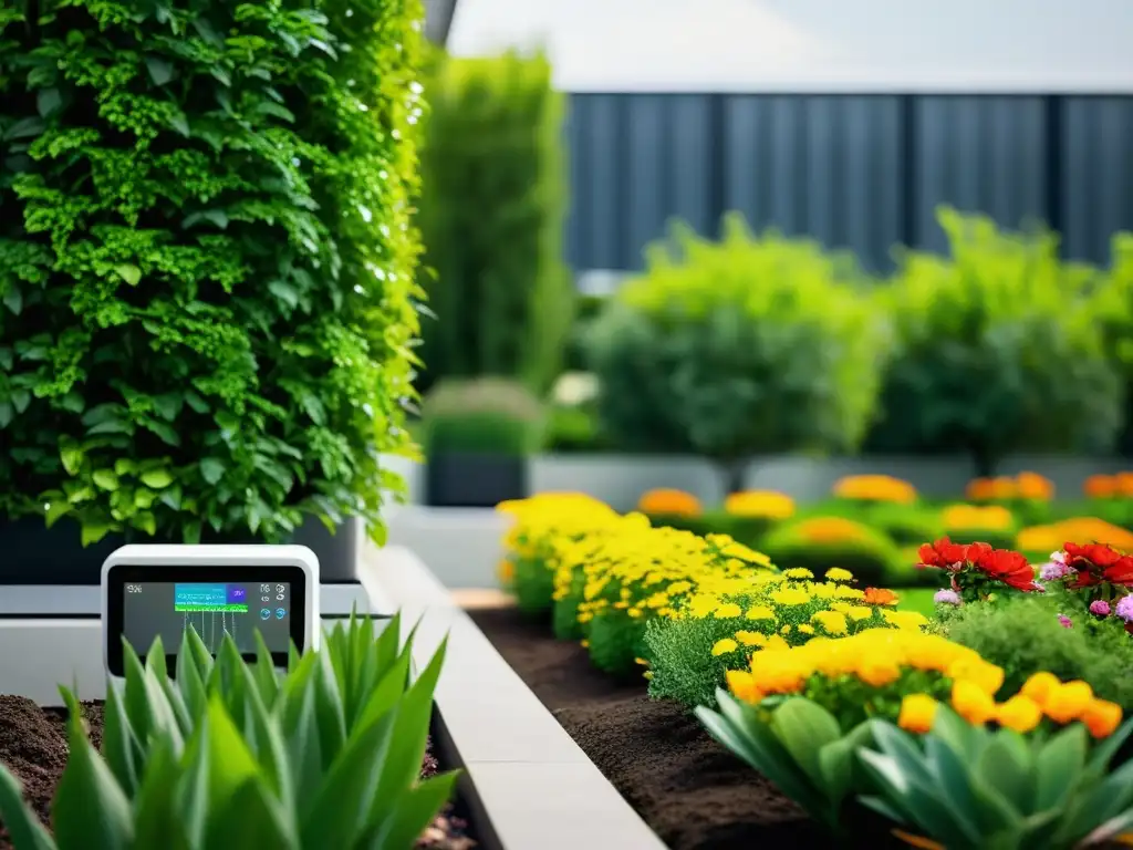 Jardín urbano con integración IoT, tecnología futurista y naturaleza vibrante