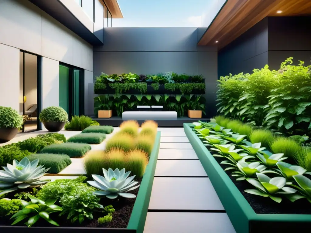 Jardín urbano futurista con plantas vibrantes y trampas inteligentes para plagas urbanas, integradas en diseño innovador