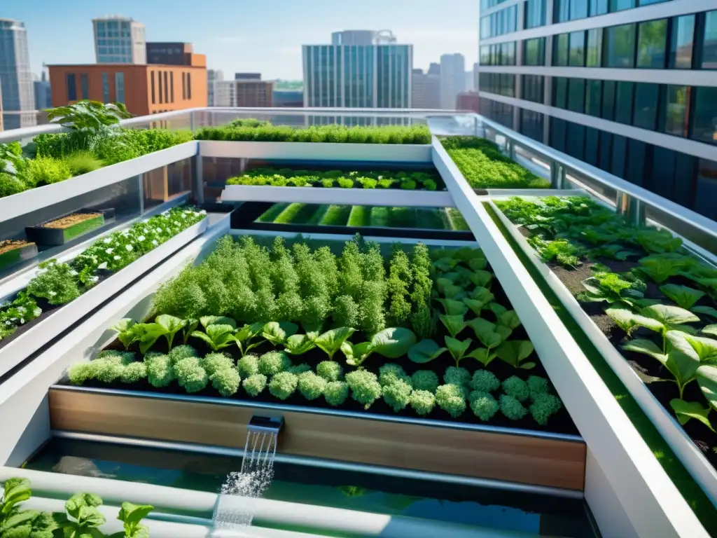 Un jardín urbano futurista con un sistema de acuaponía integrado