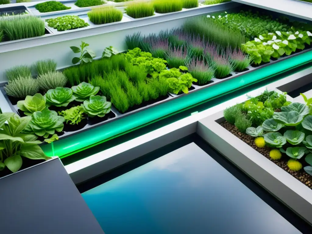 Un jardín urbano futurista con sistemas acuapónicos integrados, tecnología y naturaleza en armonía