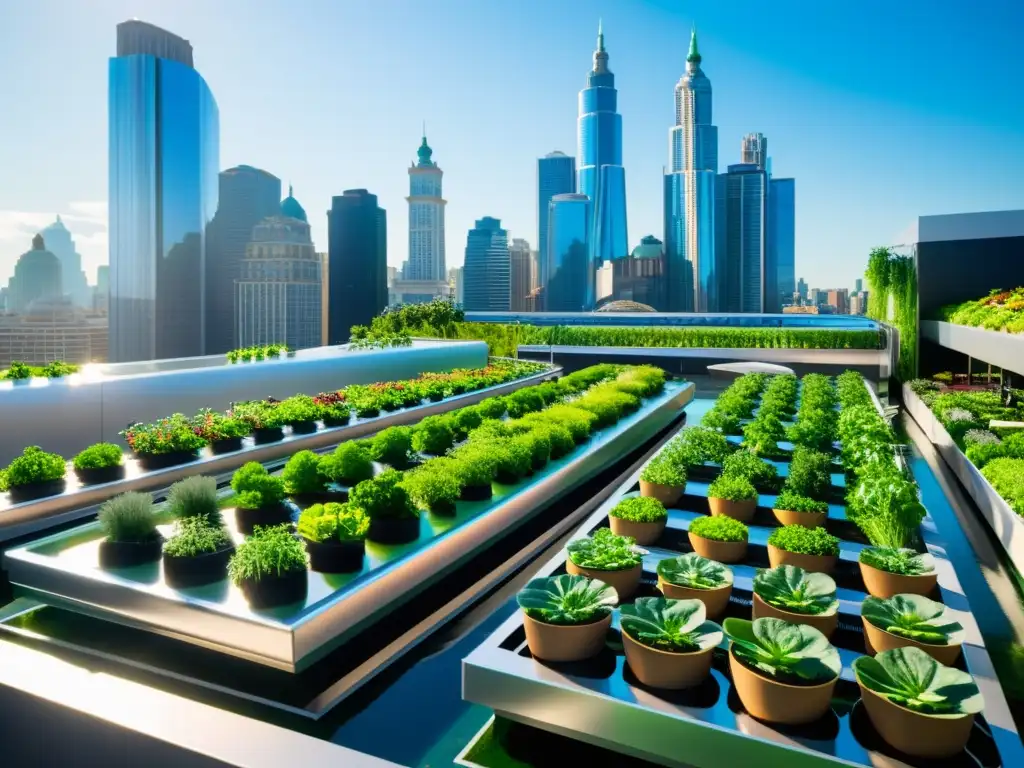 Un jardín urbano futurista con acuaponía: sistemas automatizados agricultura urbana, integrando tecnología y naturaleza en la ciudad