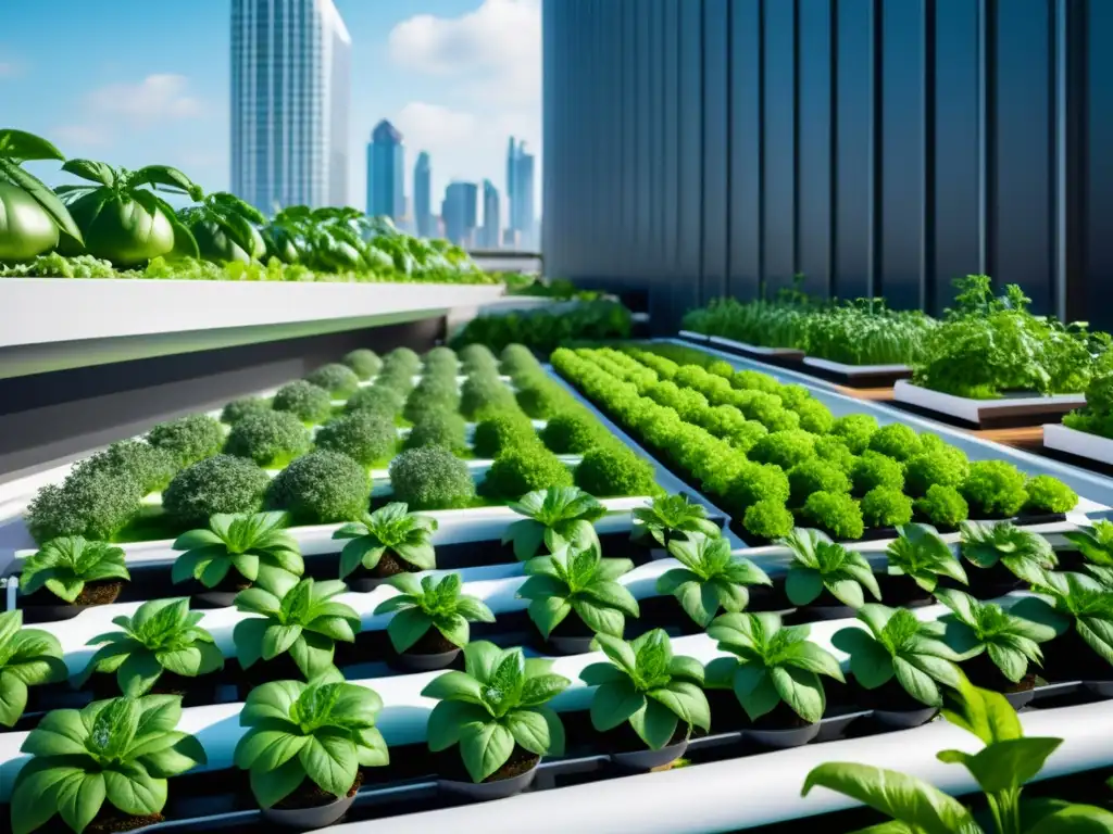 Un jardín urbano futurista con sistemas innovadores de cultivo de alimentos funcionales urbanos integrados en el paisaje urbano