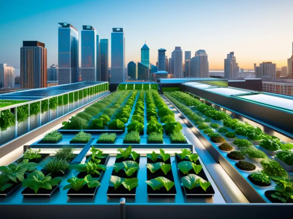 Un jardín urbano futurista en 8k con sistemas de acuaponía multinivel, luces LED y vegetación exuberante en una azotea urbana