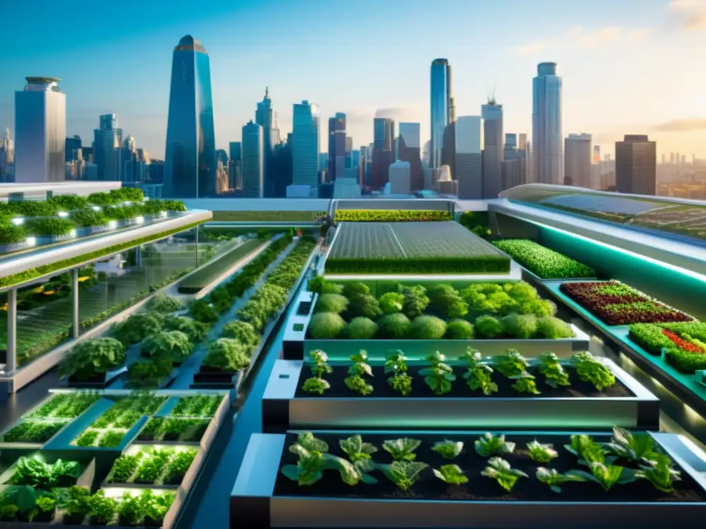 Un jardín urbano futurista con tecnología innovadora y huertos urbanos alimentando ciudades