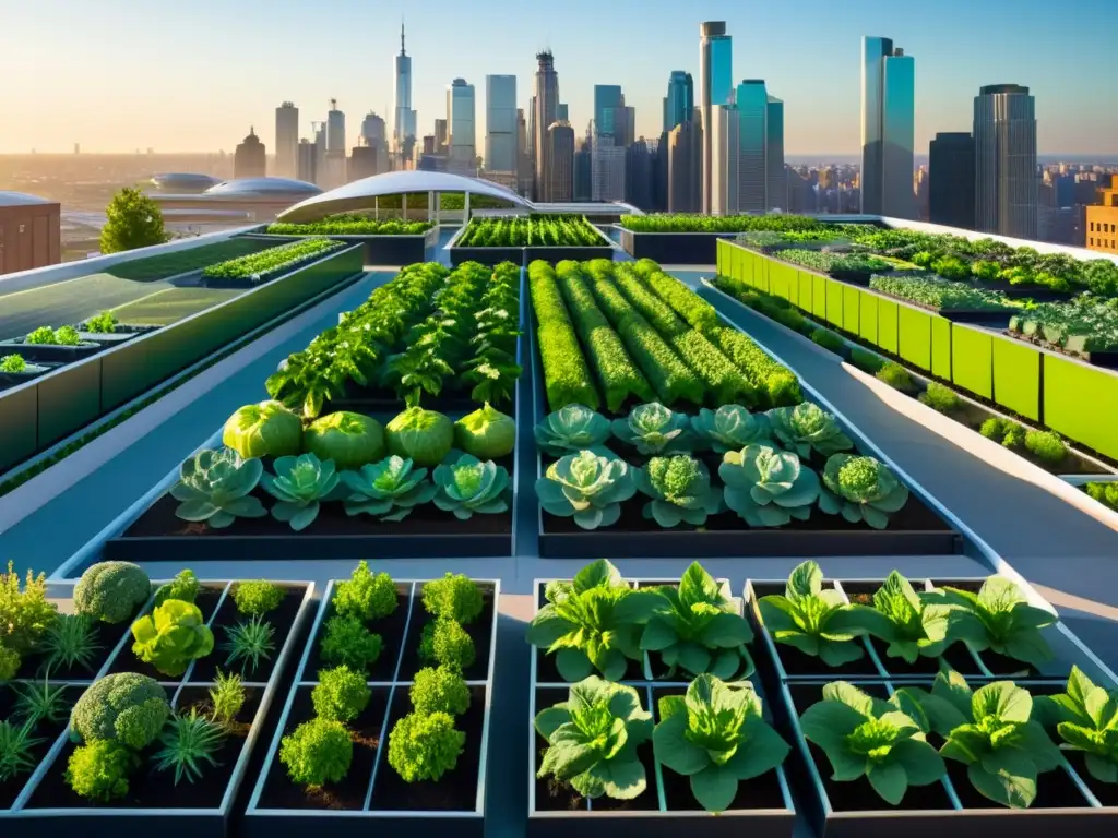 Un jardín urbano futurista con vegetales vibrantes, moderna arquitectura y agricultores urbanos