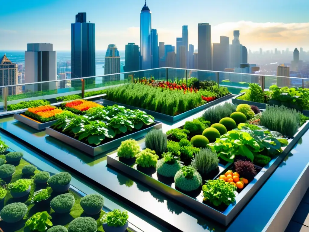 Un jardín urbano futurista vibrante y detallado con acuaponía, integrando naturaleza y tecnología para la seguridad alimentaria