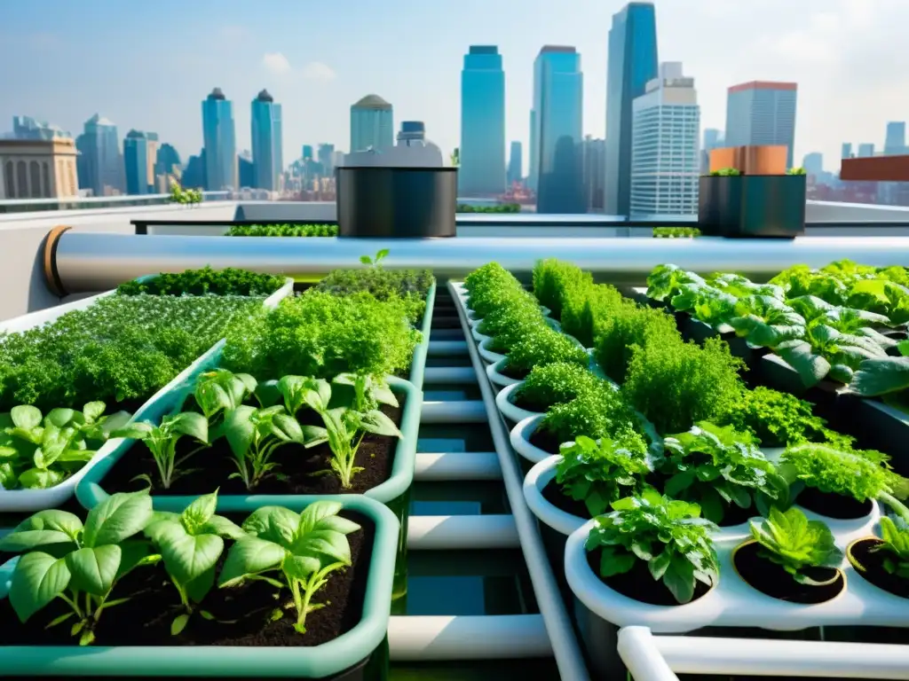 Jardín urbano hidropónico en la azotea: verduras y hierbas en sistemas verticales