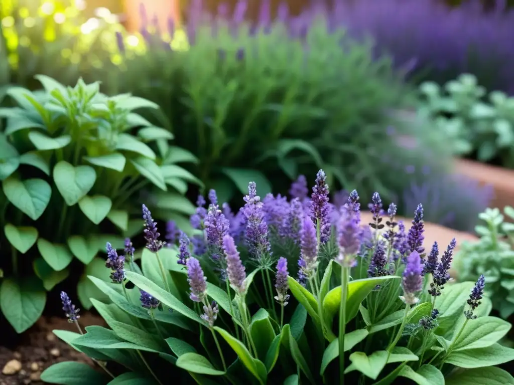 Un jardín urbano con hierbabuena y lavanda en postres, bañado por la luz del sol, con colores y texturas vibrantes