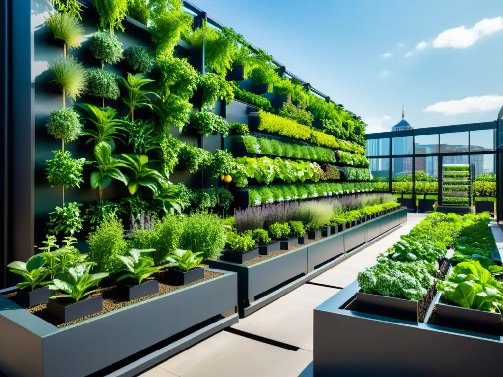 Jardín urbano con huertos verticales, tecnología agrícola innovadora y naturaleza exuberante