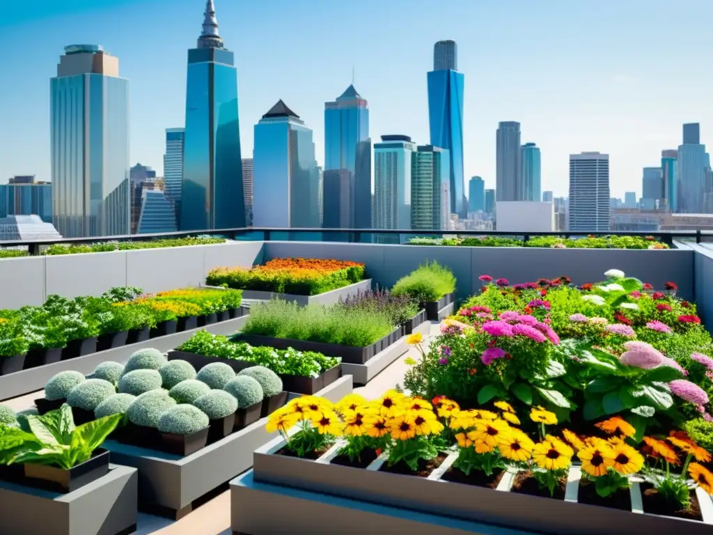 Un jardín urbano en huertos verticales con verduras y flores coloridas en contraste con el paisaje urbano