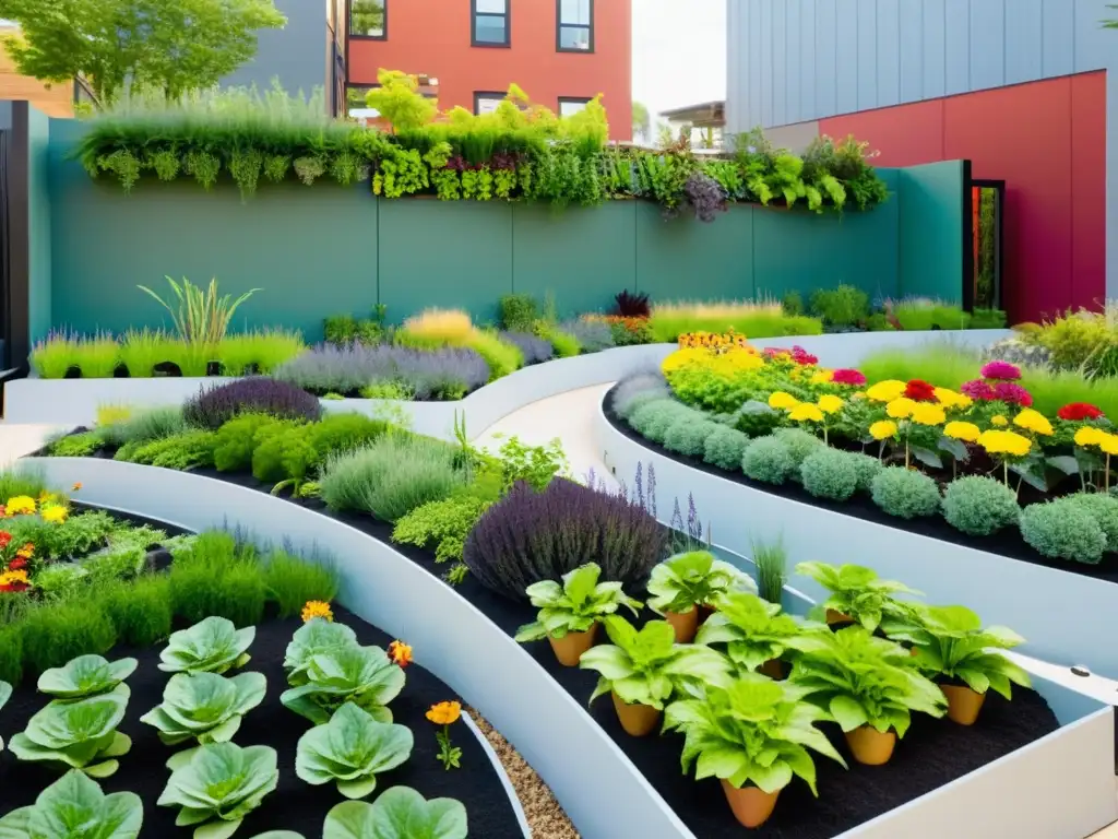 Un jardín urbano inclusivo con espacios verdes accesibles para discapacidad, integrado en la comunidad y rebosante de vida y color