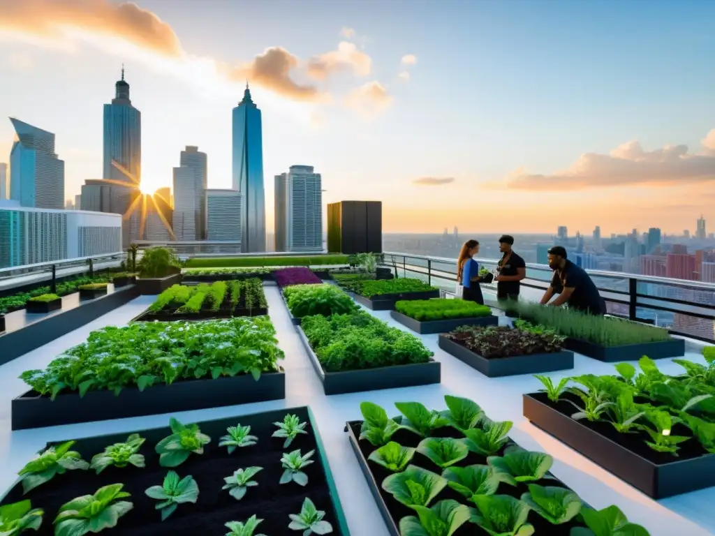 Un jardín urbano innovador para millennials, con agricultura urbana y tecnología integrada, rodeado de rascacielos al atardecer