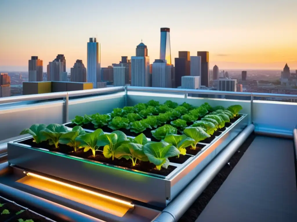 Un jardín urbano con acuaponía integrada en la energía geotérmica, ofreciendo un paisaje futurista en la ciudad