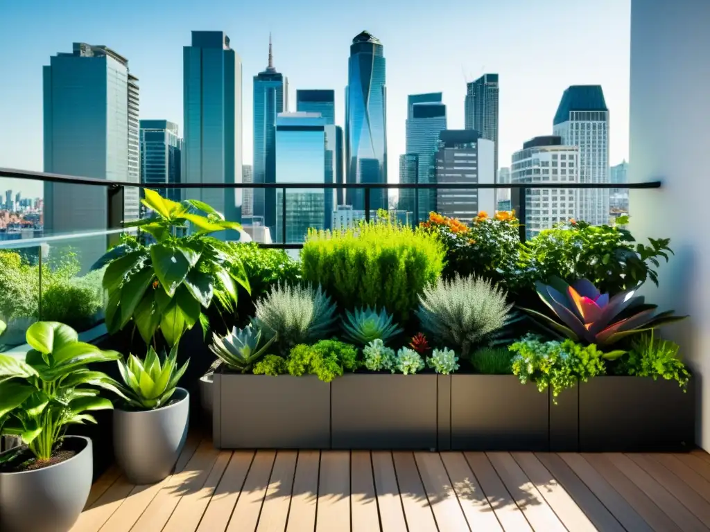 Un jardín de balcón urbano lleno de plantas verdes y vibrantes