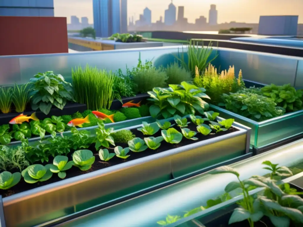 Jardín urbano moderno con acuaponía en la agricultura urbana, verduras vibrantes y peces en tanques, bañado por cálida luz solar