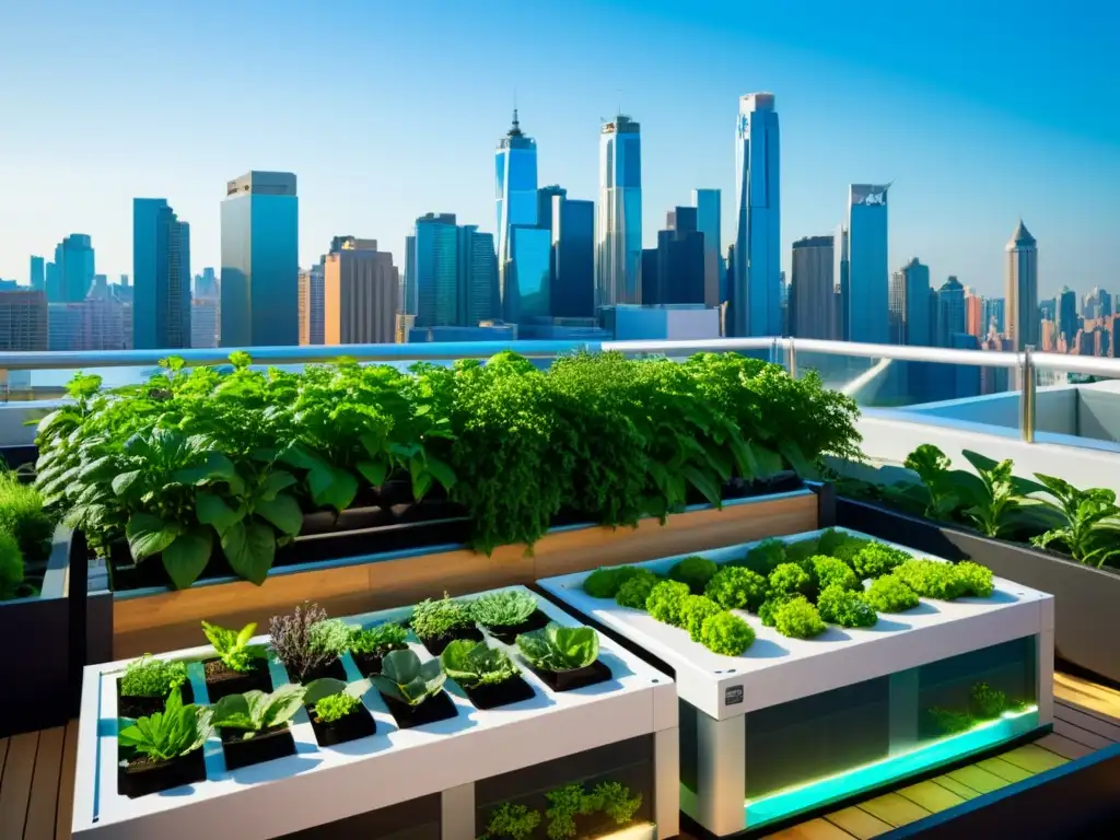 Jardín urbano acuapónico: moderno y exuberante Un jardín urbano moderno con acuaponía en la agricultura urbana, lleno de vegetación exuberante y un sistema sofisticado