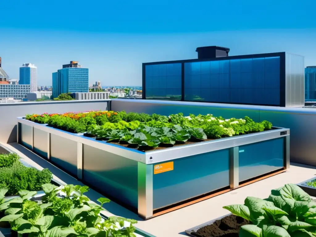 Un jardín urbano moderno con acuaponía en agricultura urbana, plantas exuberantes y un sistema sofisticado de acuaponía en el techo de la ciudad