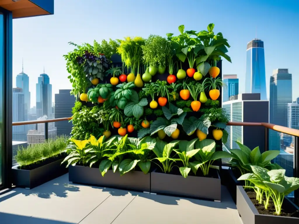 Un jardín urbano moderno en la azotea con frutas, verduras y hierbas en jardineras verticales, contrastando con la ciudad