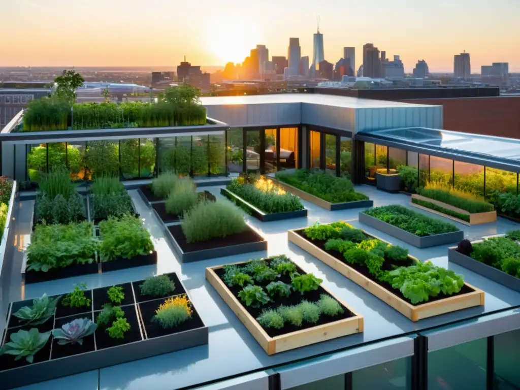 Un jardín urbano moderno en la azotea con vegetales, árboles frutales y hierbas