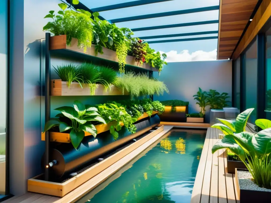 Jardín urbano 8k con plantas verticales y sistema acuapónico Un jardín urbano moderno con beneficios del compost para huertos urbanos
