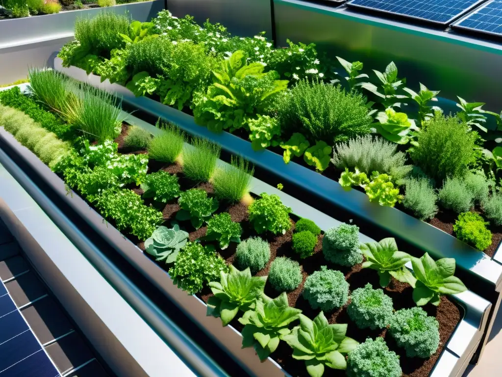 Un jardín urbano moderno con calentadores solares acuaponía urbana, lleno de plantas verdes en macetas verticales, vibrantes y prósperas bajo el sol