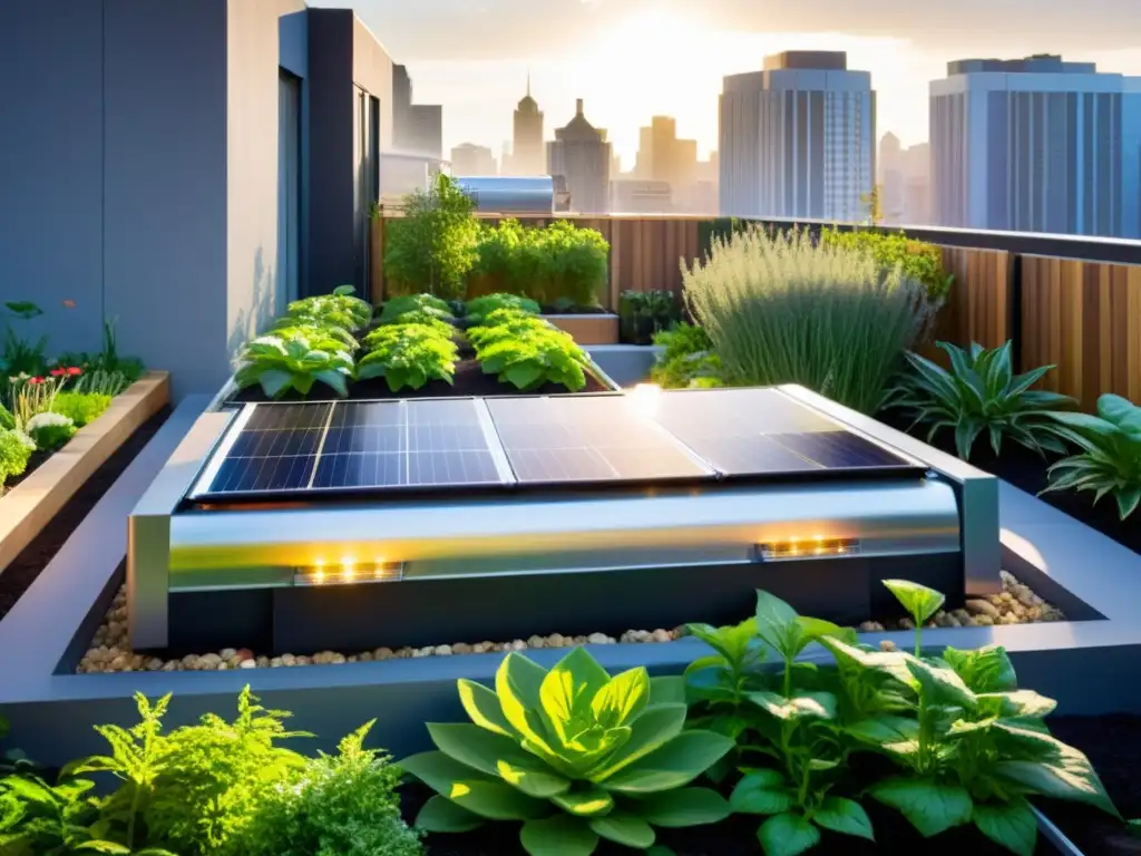 Jardín urbano moderno con calentadores solares acuaponía urbana, iluminado por la luz natural en un ambiente futurista y sostenible