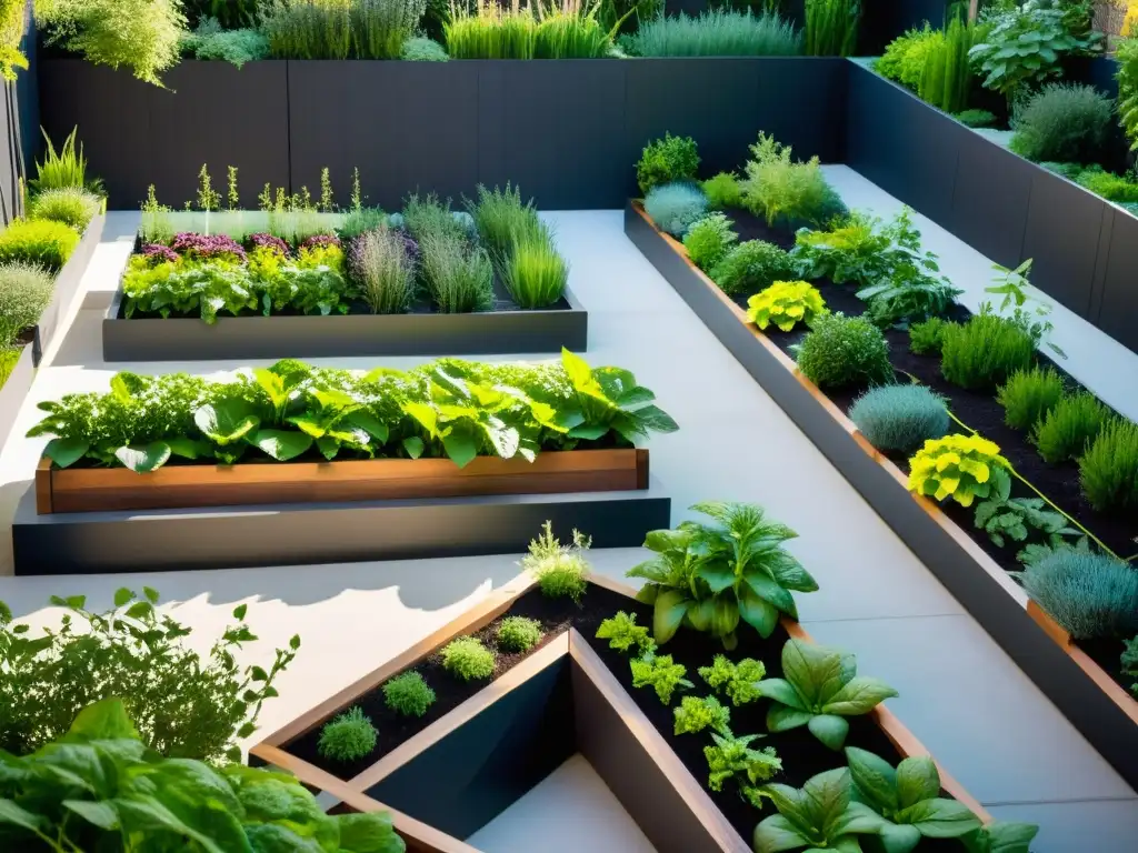 Un jardín urbano moderno con camas elevadas de madera oscura, vegetales vibrantes y hierbas