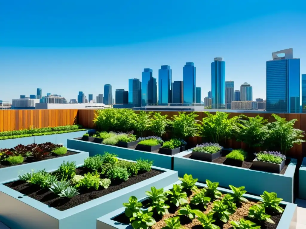 Un jardín urbano moderno con camas elevadas, plantas exuberantes y sistemas de riego automatizados, en un entorno de edificios urbanos y cielos azules