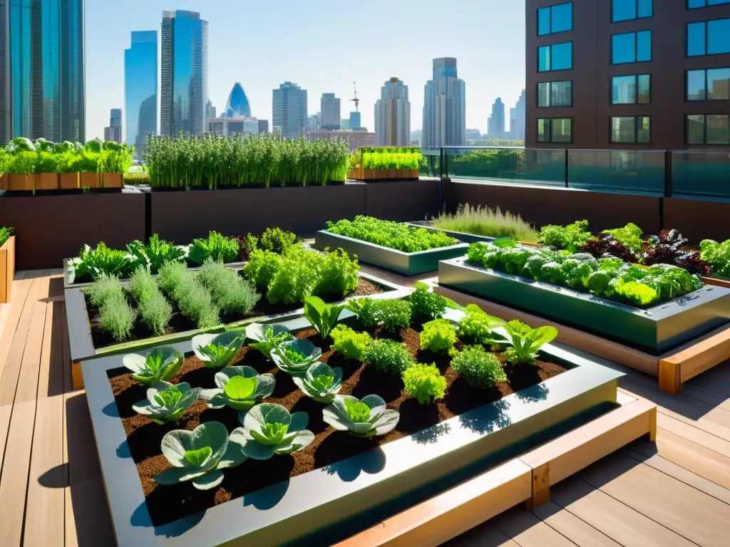 Un jardín urbano moderno con camas elevadas repletas de vegetales y hierbas vibrantes, rodeado de sistemas de riego y monitoreo automatizados