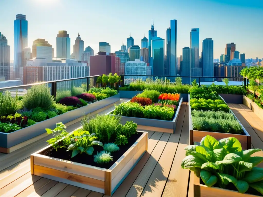 Un jardín urbano moderno y colorido, lleno de verduras y hierbas, con la ciudad de fondo