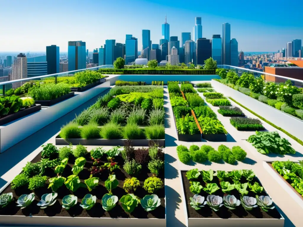 Un jardín urbano moderno destaca entre los edificios, con plantas frondosas y organización impecable