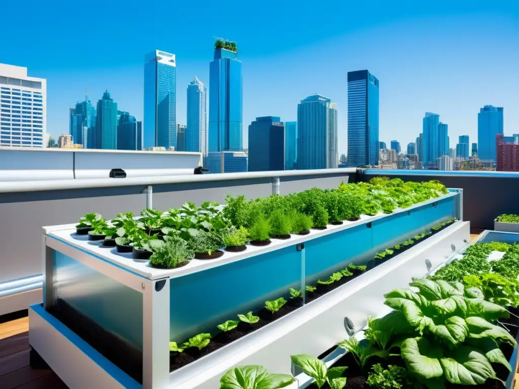 Un jardín urbano moderno con un elegante sistema de acuaponía urbano integrado, rodeado de exuberante vegetación y con rascacielos de fondo