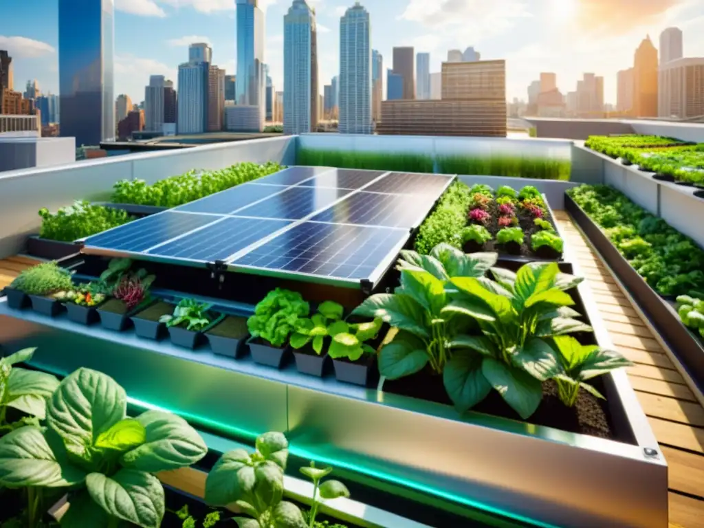 Un jardín urbano moderno con vegetación exuberante, paneles solares y un sistema acuapónico de vanguardia