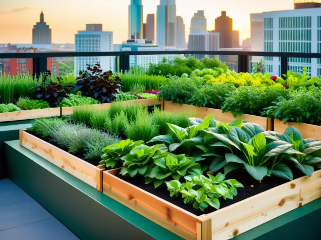 Un jardín urbano moderno con exuberante vegetación y productos coloridos, rodeado de edificios contemporáneos